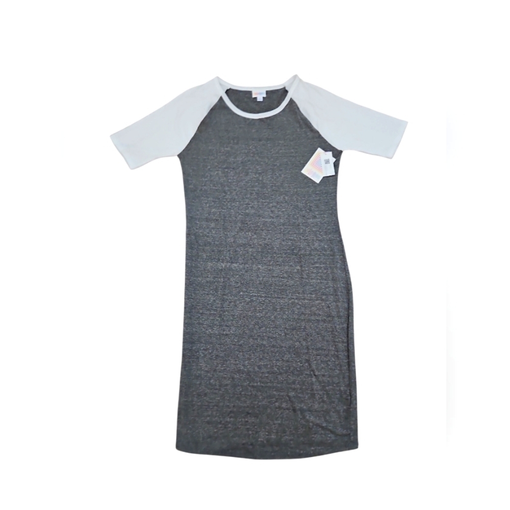 Lularoe Julia Gray Dress with  White sleeves.